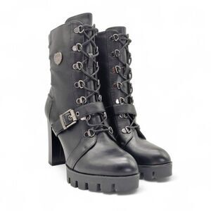 Milwaukee Women's Size 9 Black Lace Up Buckle Strap Block Heel Moto Boots